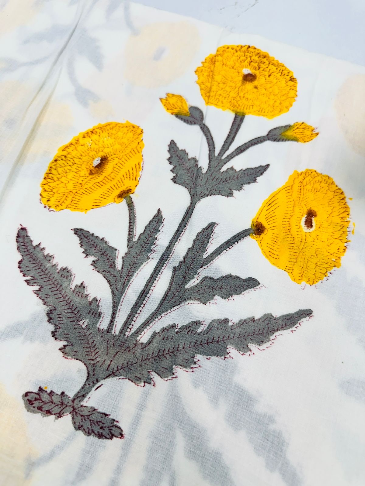 Yellow Mughal flower hand block print fabric